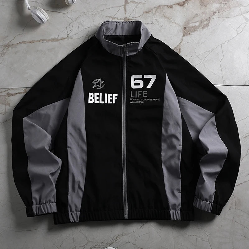 Jacket Man American Street Retro Color Block Stand Collar Jacket Zip Up Loose Trendy Letter Print Fashion Casual Streetwear Coat