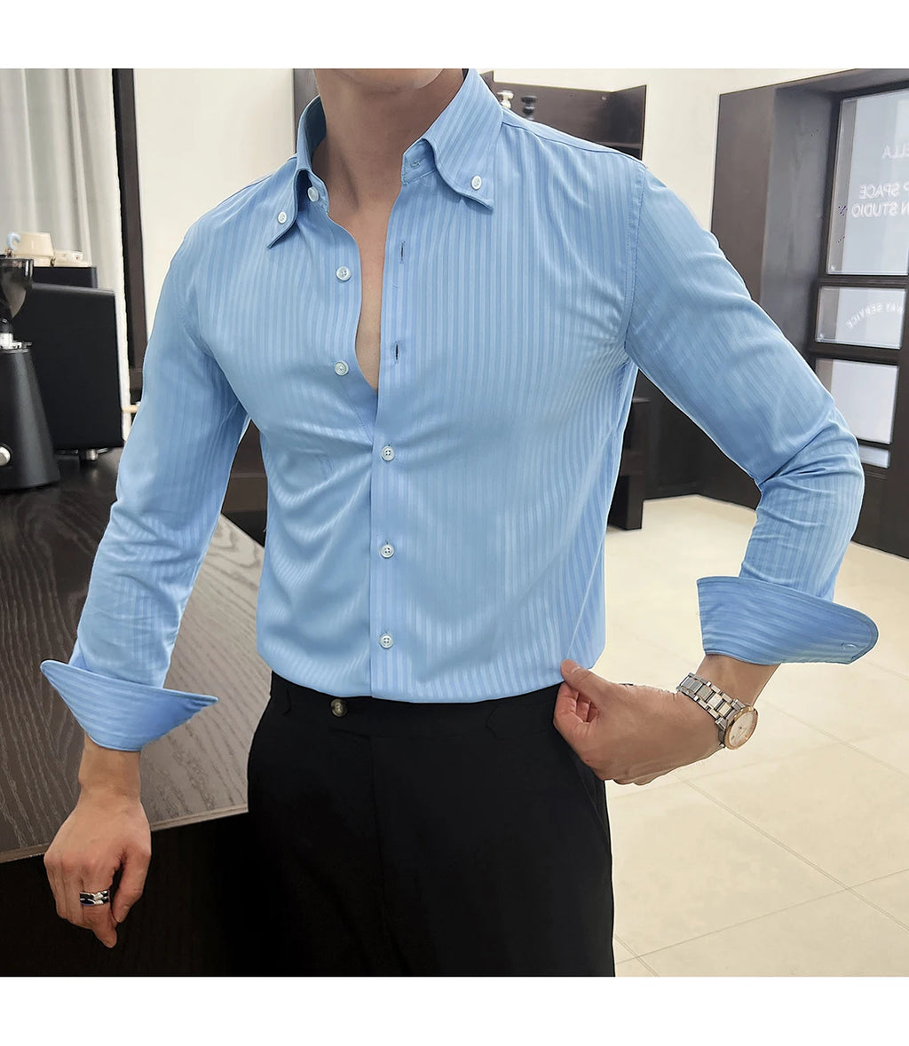 High-quality autumn men's new long-sleeve dark striped slim-fit shirt business casual formal workwear M-4XL