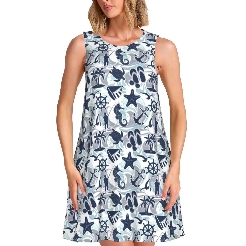 Cute Beach Leaf Tank Dress Pink Leaves Print Sleeveless Modern Dresses Women O Neck Simple Dress Day Pattern Clothes Gift Idea