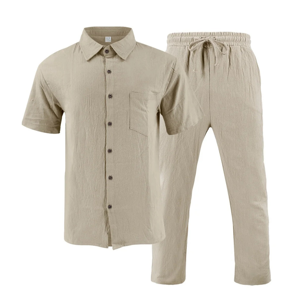 Men's Summer Beach Casual Cotton Linen Shirt Two-Piece Set with Lapel Pocket Long Pants And Shor Fashionable Breathable Clothing