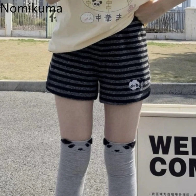Japanese Shorts for Women Panda Embroidery Casual Pants Casual Fashion Striped Cute Summer Shorts Pantalones Cortos De Mujer