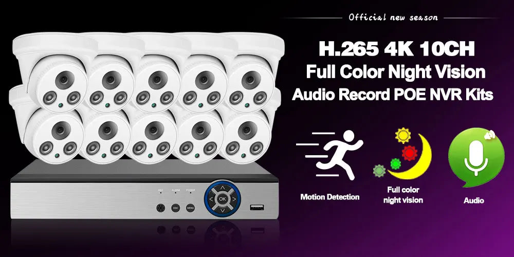 4K POE CCTV Camera Security System Kit Dome Outdoor Waterproof Color Night Vision IP Camera Video Surveillance System Kit 10CH