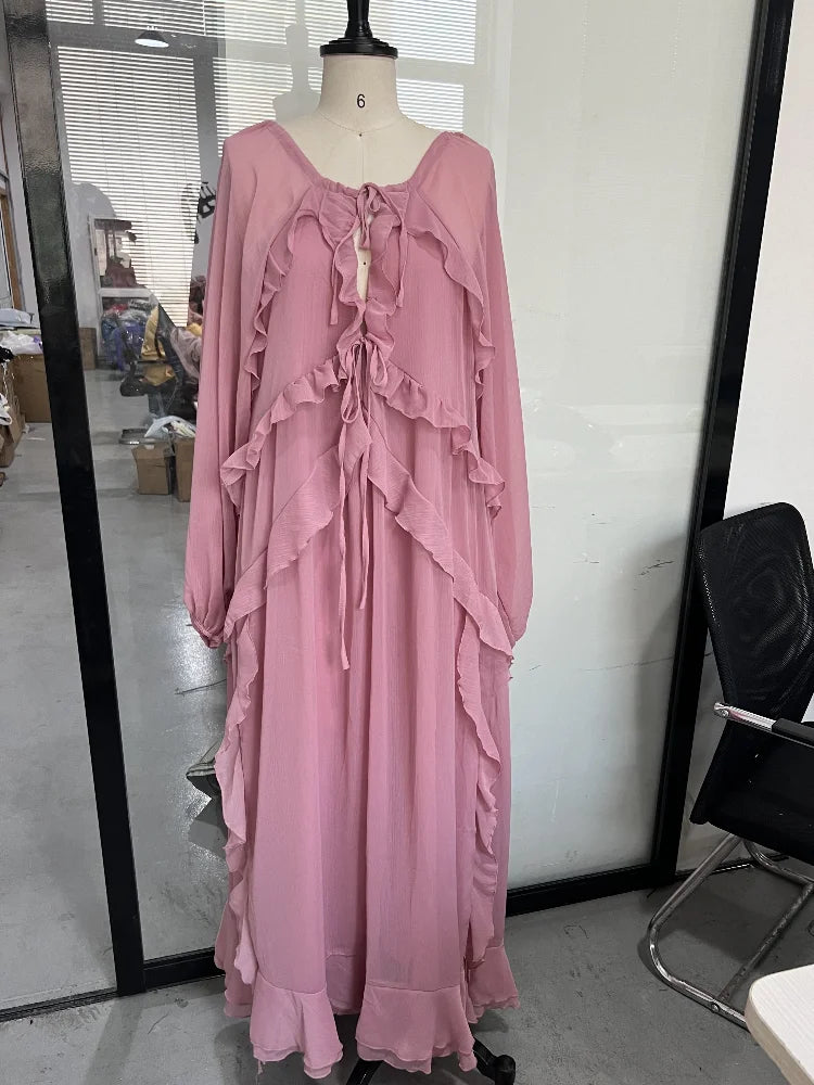 2026 Casual Solid Ruffles Patchwork Robe Women Minimalist Full Sleeve Mesh Loose Fit Lace Up Maxi Dress Vacation Daily Date Wear