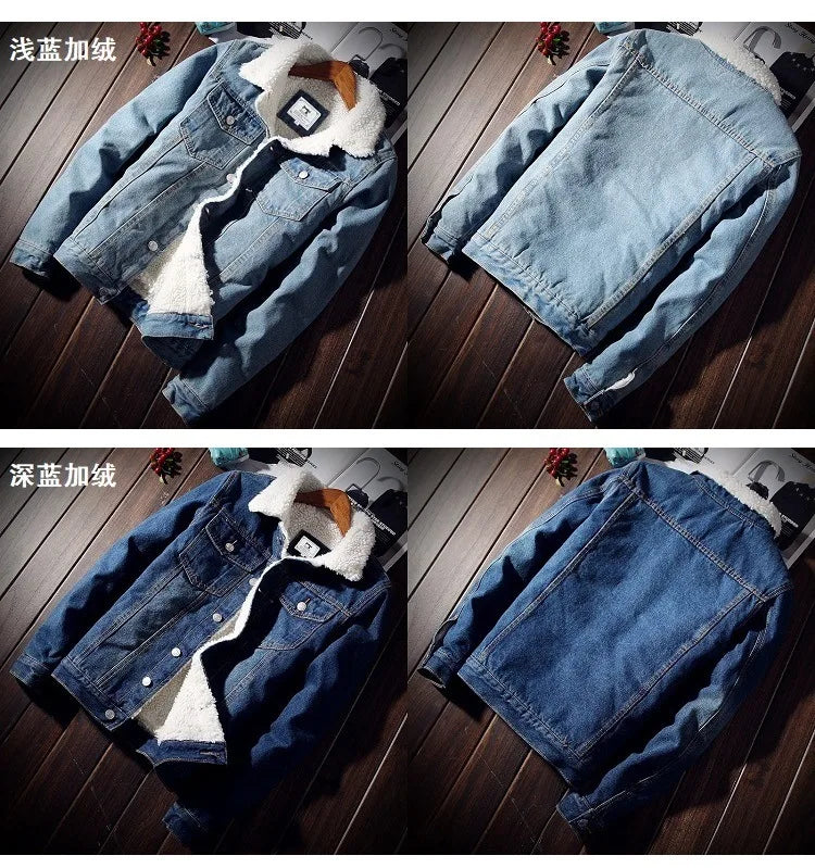 Autumn Winter Fleece Denim Jacket Men's Slim Thick Sherpa Casual Outerwear