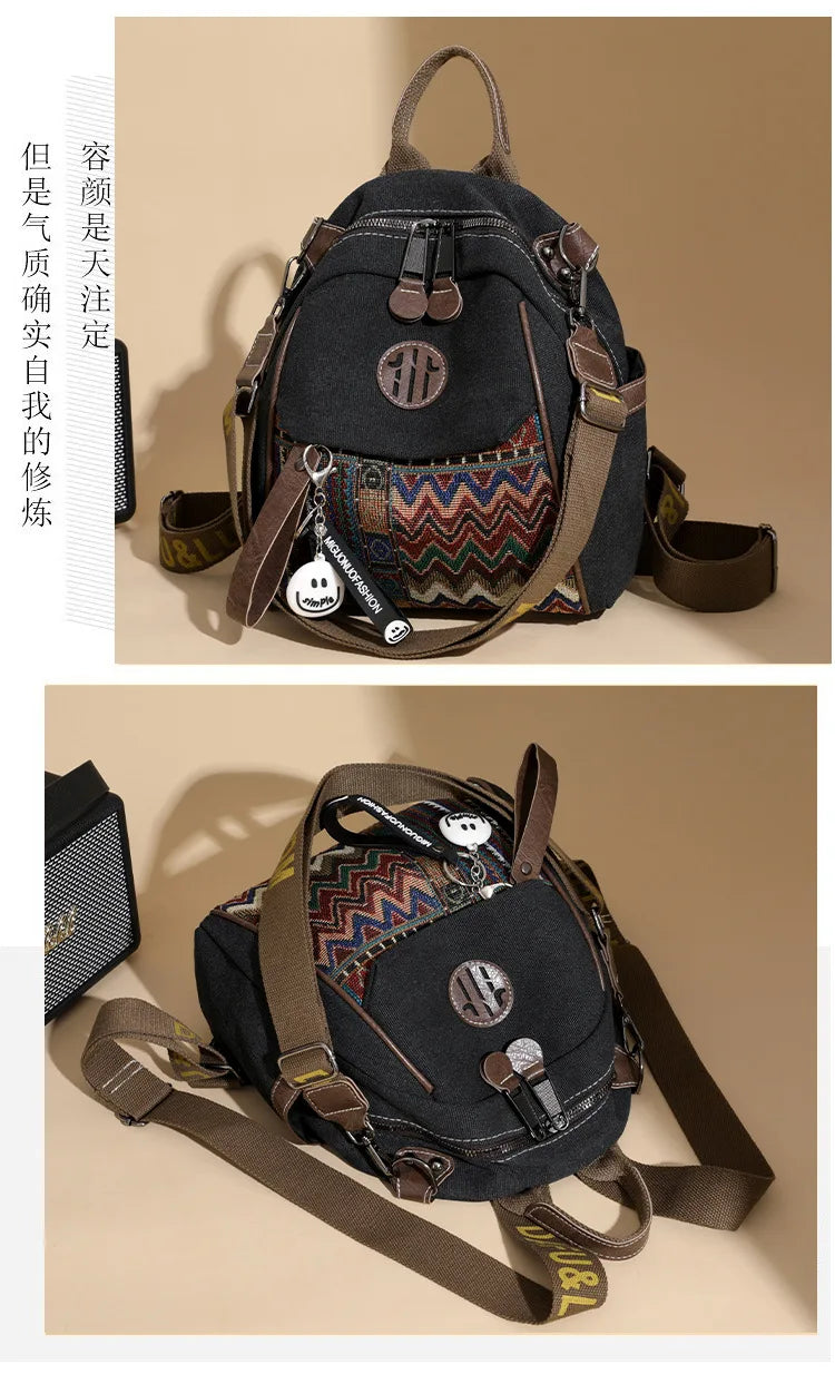 Denim ethnic style embroidered women's double shoulder bag, color-matched large capacity backpack, multi-purpose crossbody bag