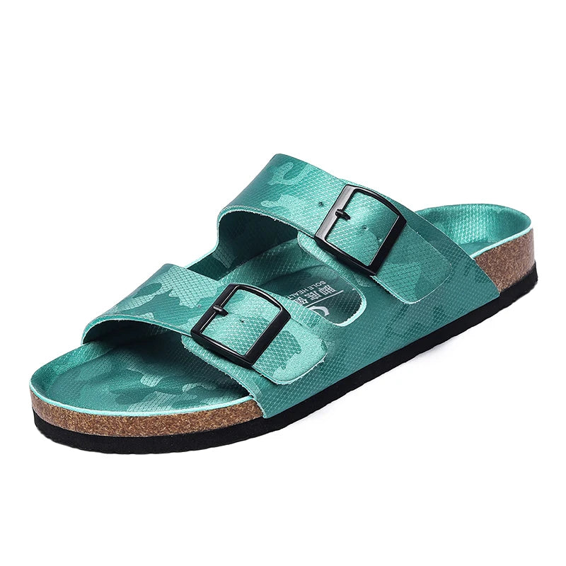 Summer Men Women Cork Slippers Clogs Microfiber Leather Slides Casual Slip On Sandal Double Buckle