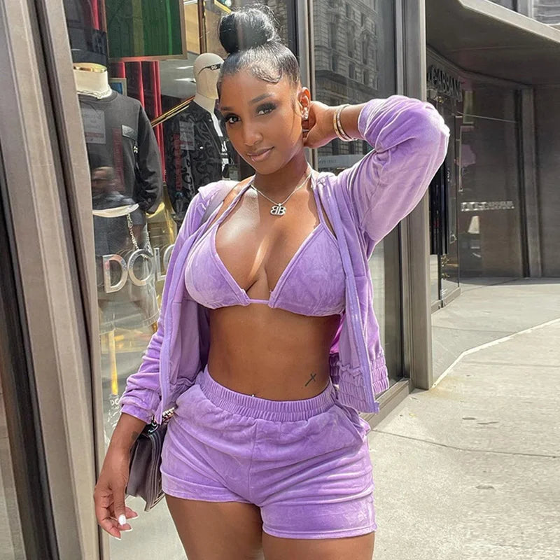 Velvet Tracksuit 3 Piece Set Women Fall Outfits Zipper Hoodies Jacket + Bra + Shorts Sets Sporty Matching Sets Jogging Femme