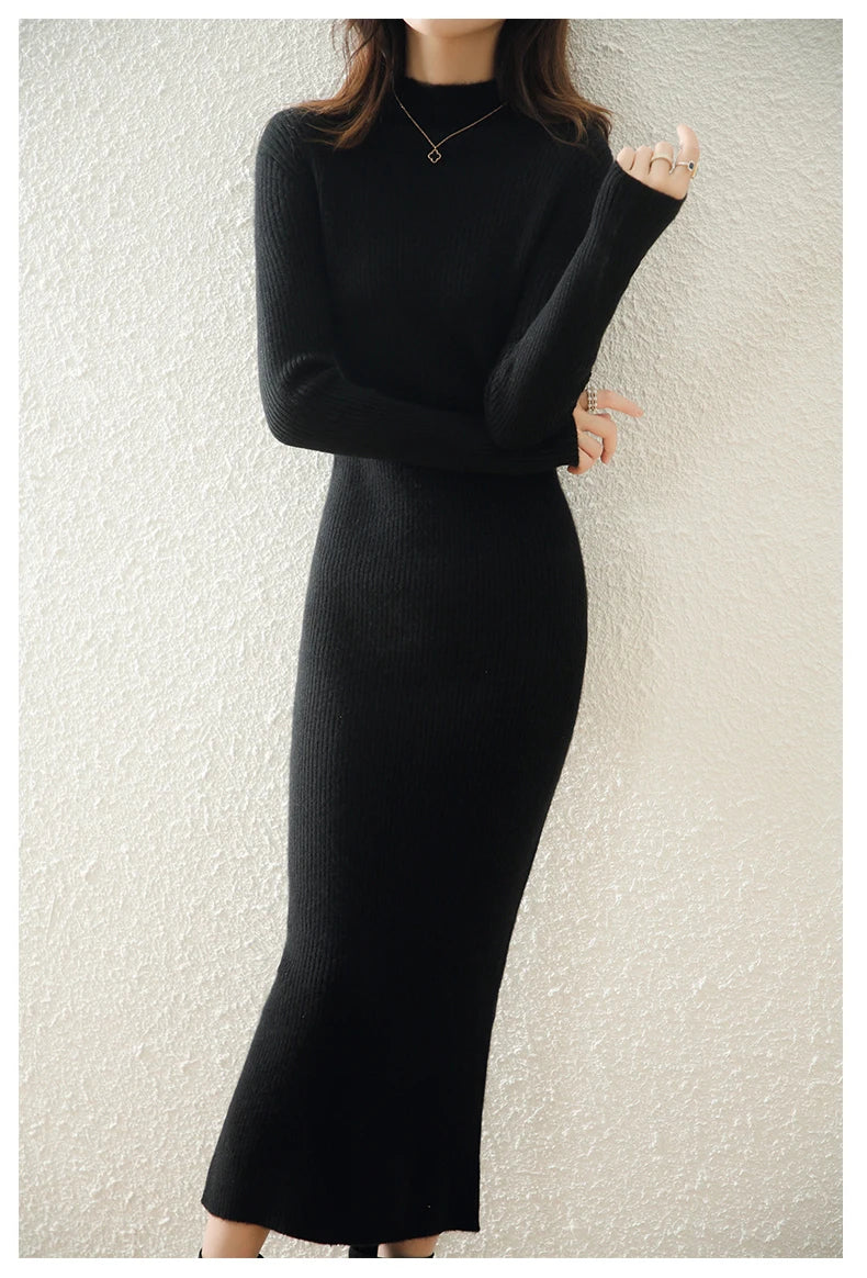 Autumn and winter semi high neck drawstring high elasticity slim fit 100% wool pullover dress, mid length over knee cashmere