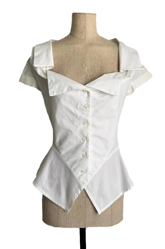 Lady's Y2K white fitted shirt with collarless design minimalist high street style irregular pointed hem retro 90s streetwear