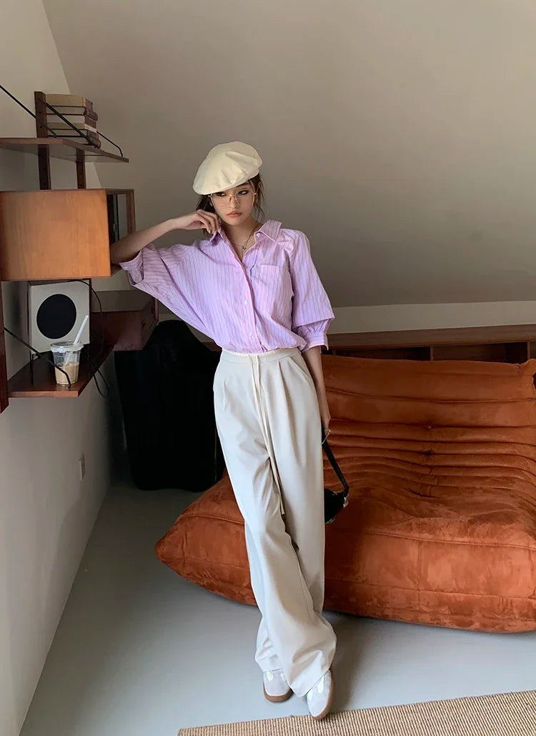 Elastic Waist Drawstring Loose Slim Casual Versatile Trousers 2026 Autumn New High Waist Women Wide Leg Suit Pants