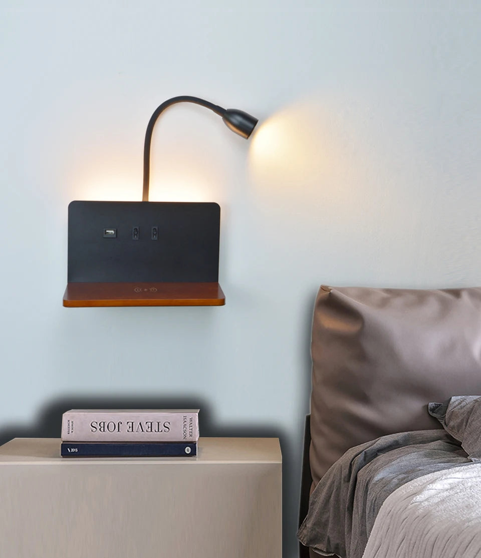 Indoor LED Wall Lamp With USB Interface And Wireless Charging Modern 360° Rotatable Wall Light With Switch Bedside Night Lights