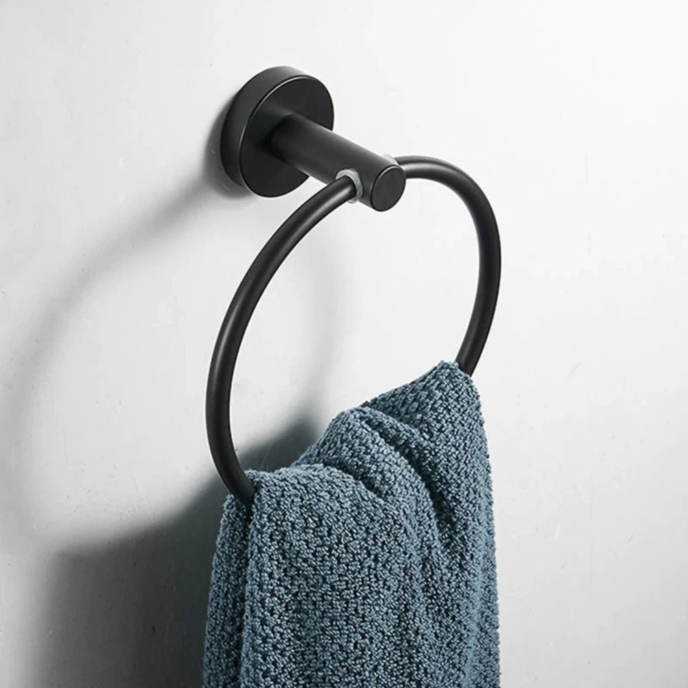 Black/Brushed Gold Stainless Steel Towel Ring Wall Hanging Round Towel Holder with Drill Hole Bathroom Storage Rack Accessory