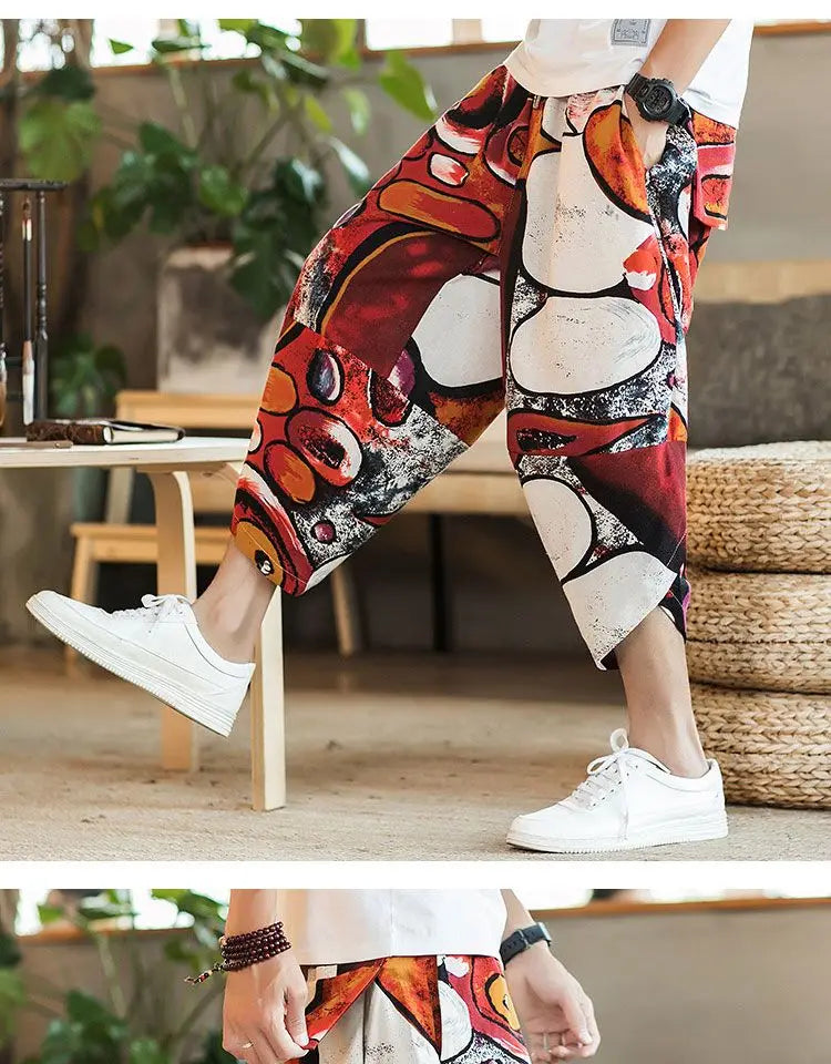 Men's Casual Cotton Linen Seven-Foot Pants Summer plus Size Lantern Loose Fit Shorts Harlan Style Comfortable Breathable Leis...