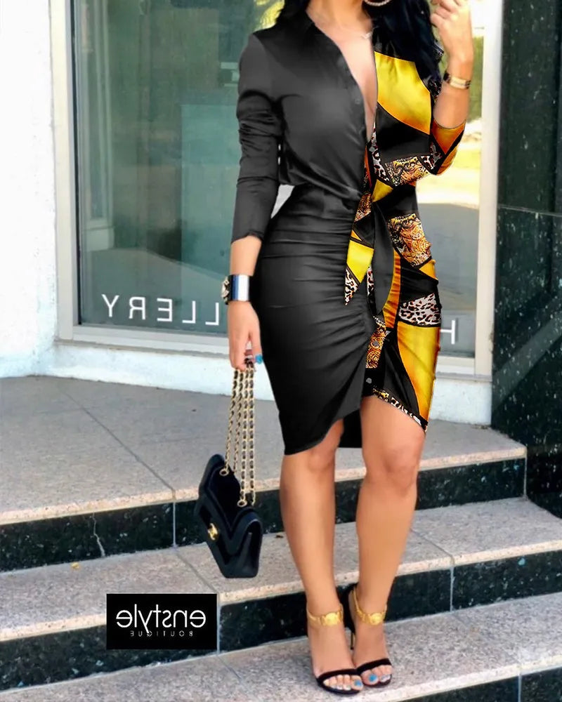 Summer Autumn New Elegant Ladies's Dress 2024 V-neck Strap Solid Color Elastic Waist Bag Hip Printed Long Sleeve Shirt Dress