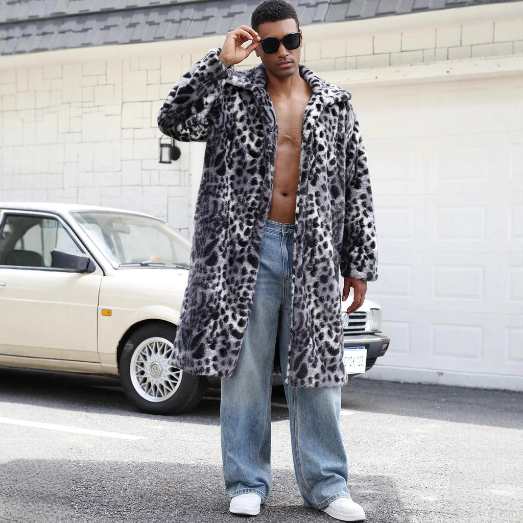 Men Faux Fur Coats Leopard Jackets Color Blocked Turn Down Collar Long Sleeve Single Breasted Straight Casual 2025 Autumn Winter