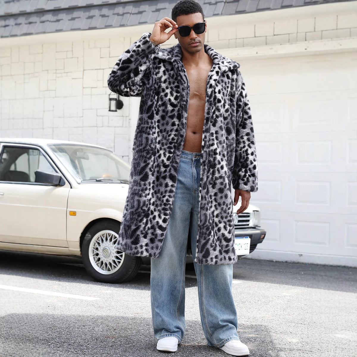 Men Faux Fur Coats Leopard Jackets Color Blocked Turn Down Collar Long Sleeve Single Breasted Straight Casual 2025 Autumn Winter