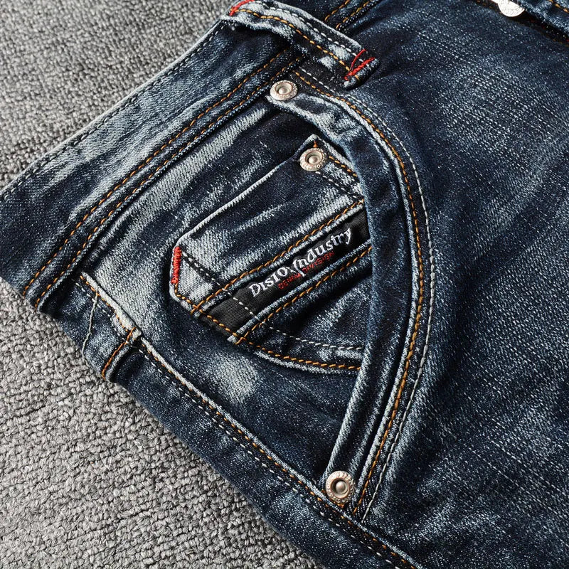 Italian Style Fashion Men Jeans High Quality Retro Black Blue Elastic Slim Fit Ripped Jeans Men Vintage Designer Denim Pants