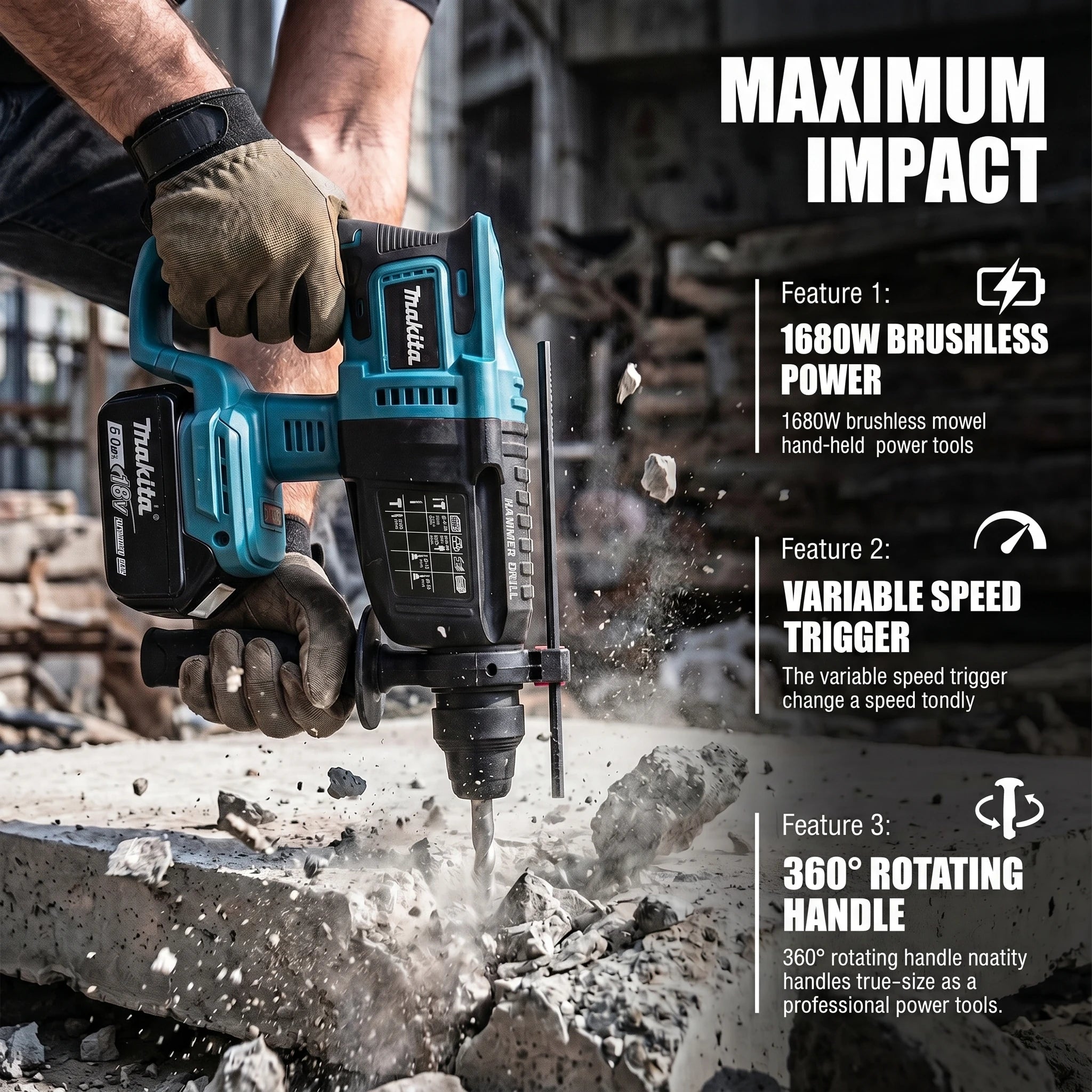 Original Makita DHR242 18V Rotary Hammer Low Vibration 13.5m/s² Comfortable Operation for Long Drilling Sessions
