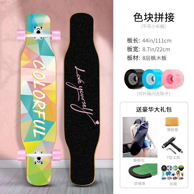 Longboard Beginner Boys and Girls Adult Professional Double Dancing Board 44in Teen Maple Quad
