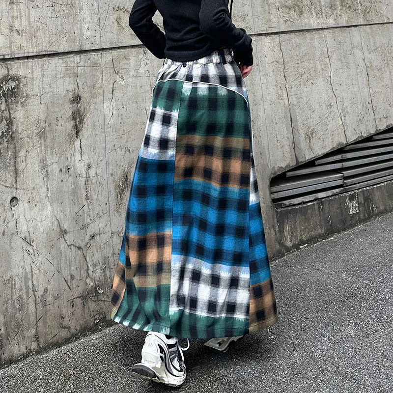 High Fashion Denim Skirt Women Elastic High Waist A-Line Long Skirt Female Colorful Patchwork Plaid Jean Skirt