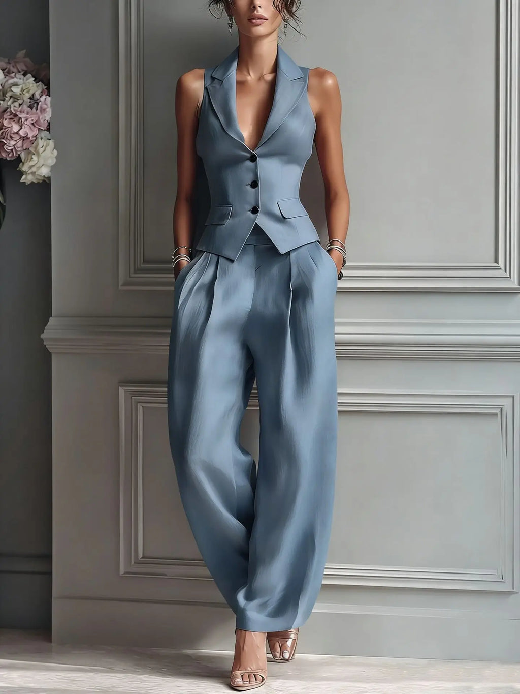 2026 Summer Women Two Piece Set Single-breasted Sleeveless Vest Top And Trousers Pants Set Suit Office Ladies Suits