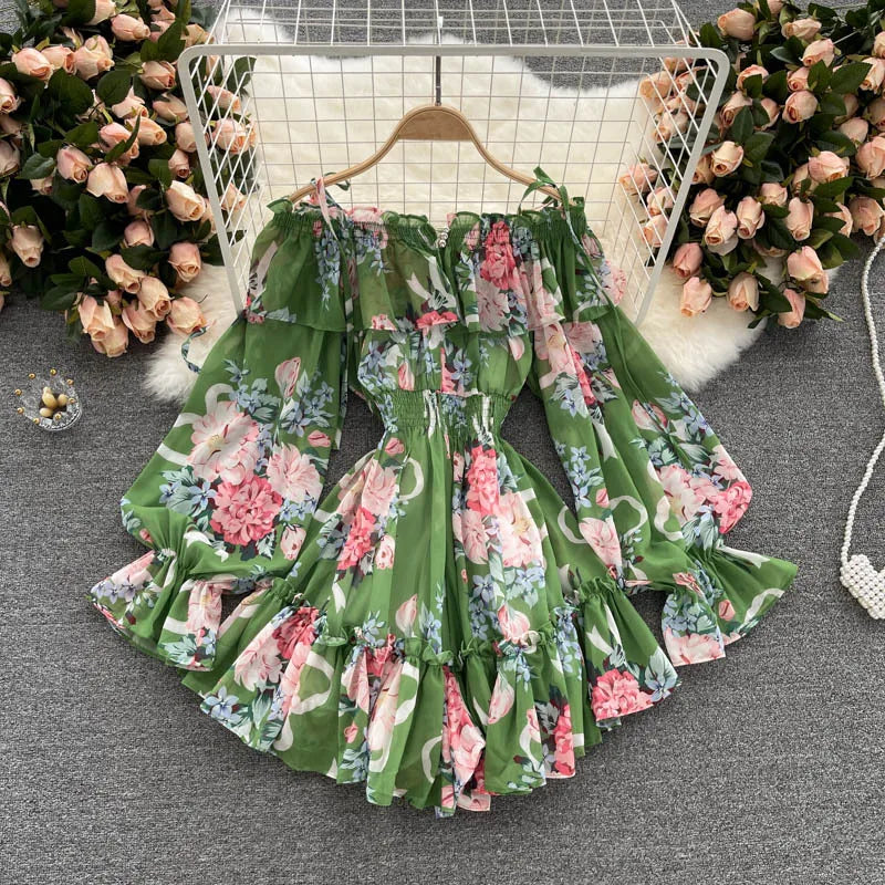 2025 New Retro Summer Beach Vacation Dress Women Sexy Strapless Lantern Sleeve Sweet Floral Jumpsuit Short Chiffon Print Dresses