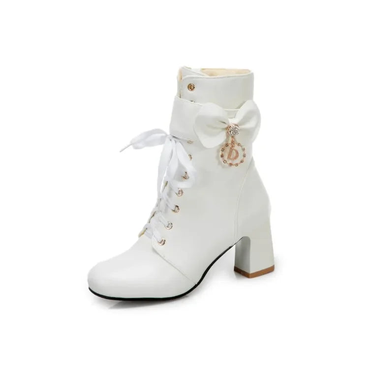 Winter Fashion British Style Round Head High Heels Women Boots Black White Pink Sweet Butterfly-Knot High Heels Women Boots