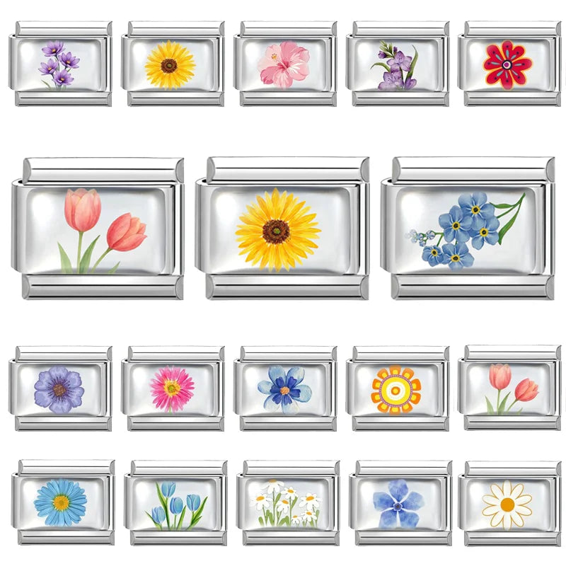 2025 Women's Fashion Colorful Flowers Sunflower Tulip Orchid Daisy Italian Charms Fit 9mm Stainless Steel Bracelet DIY Jewelry