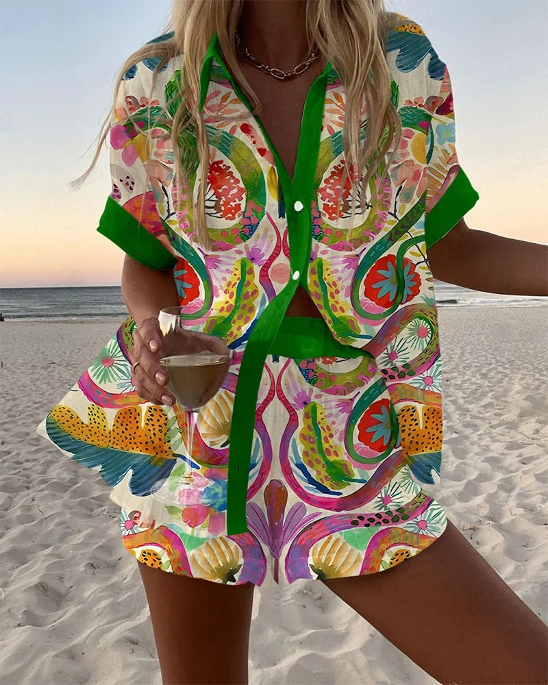 Summer Hot Style Print Beach Holiday 2-Piece Set Women Short Sleeve Shirt Top Wide Legs Short Women's Oversized Two-Piece Sets