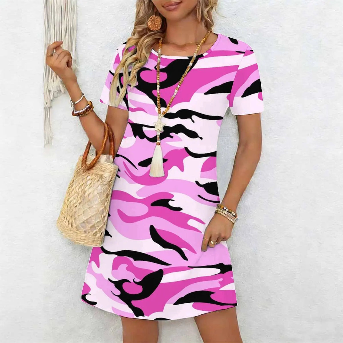 Women's Classic Leopard Print Short Sleeve Round Neck Midi Dress Loose Casual A Line Daily Wear Dress
