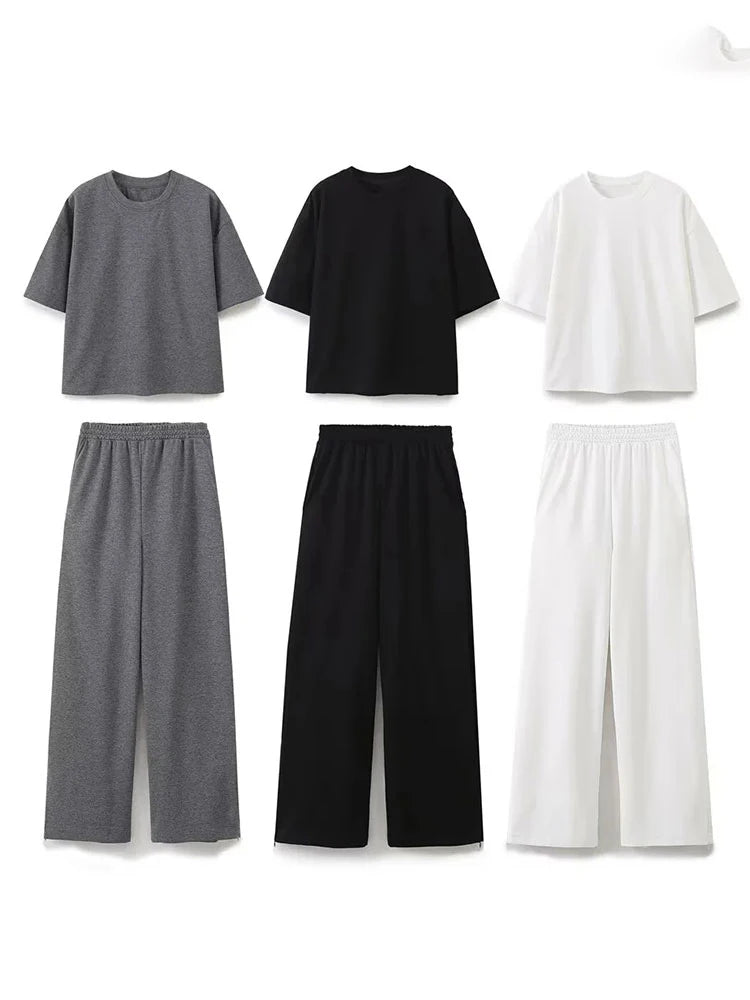 HH 2024 Women's Solid Casual T Shirts Pant Set Short Sleeves O-Neck T-Shirt Top+Lace-up Loose Side Pockets Straight Pant