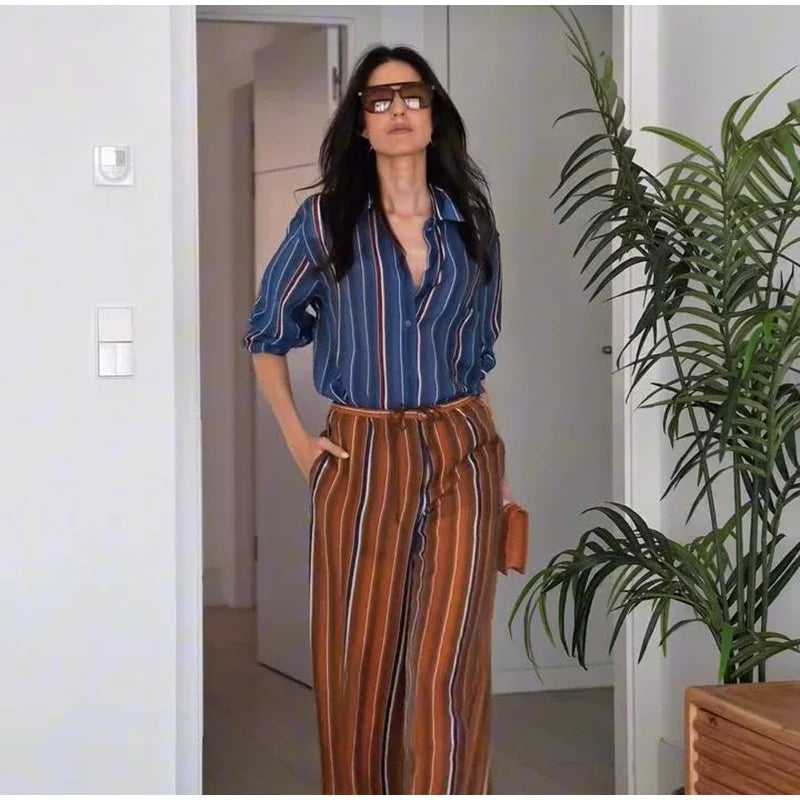 Vacation Geometric Printed Loose Pants Set Women Lapel Full Sleeve Pocket Shirts Wide Leg Pant Suits 2026 Autumn Street Outfit