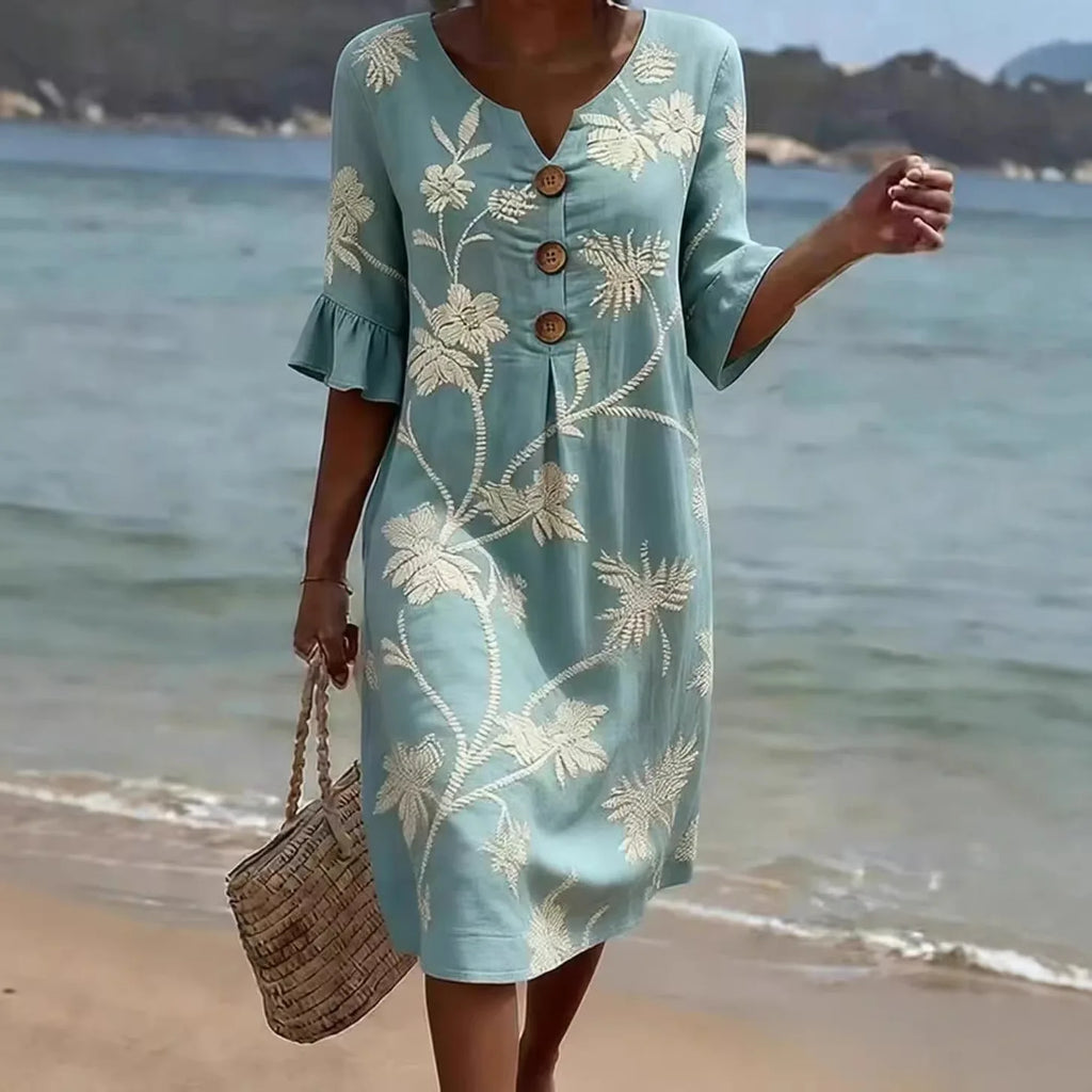 Mom Casual Dresses V Neck Elegant Retro Printed Medium Sleeved Dress Summer Fashion Streetwear Maxi Vestidos For Daily Fit
