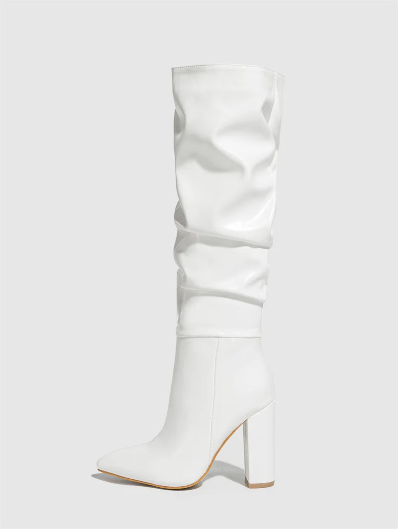 Liyke Winter Street Fashion Pleated Leather Pink Knee High Boots Women Sexy Long Zip Pointed Toe Square Heels Stripper Shoes