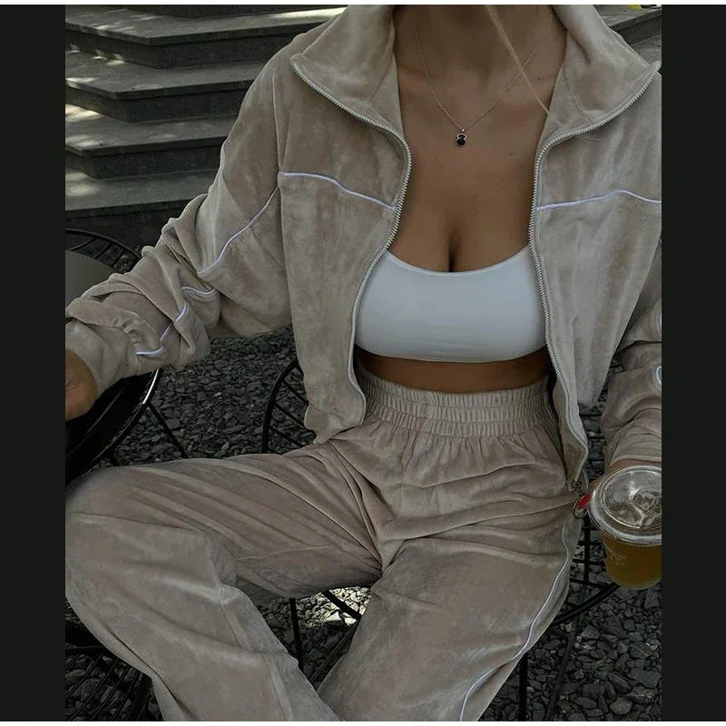 Women's Casual Solid Color Two-piece Short Stand-up Collar Jacket Wide-leg Pants 2026 Street Style Women's Clothing Set