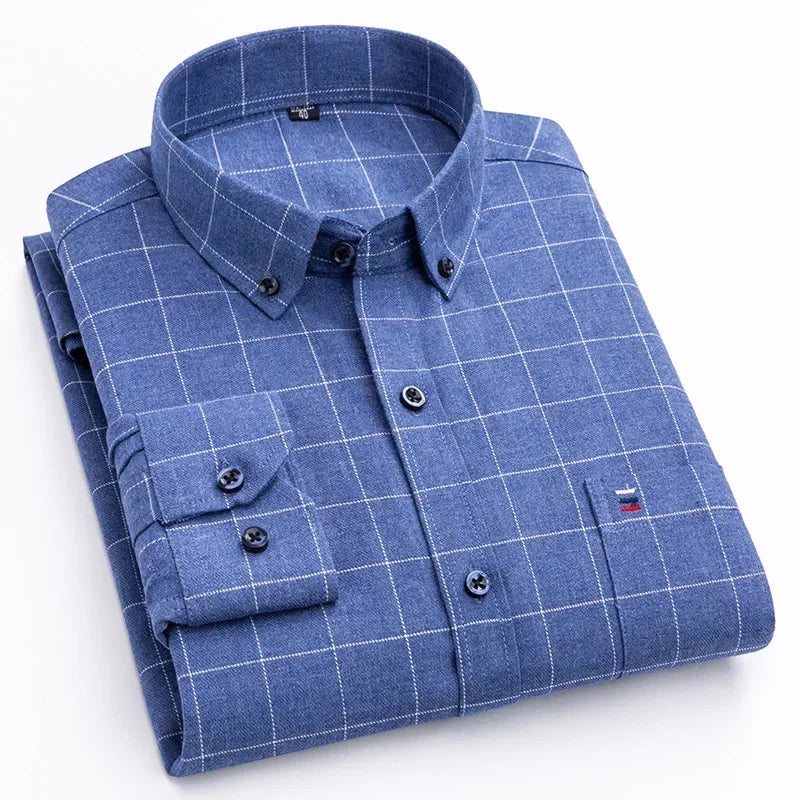 New in ShirtPlus Size 7XL 100% Cotton Sanding Long-Sleeve Shirts for Men Slim Fit Plain Shirt Striped Plaid Single Pocket Clothe
