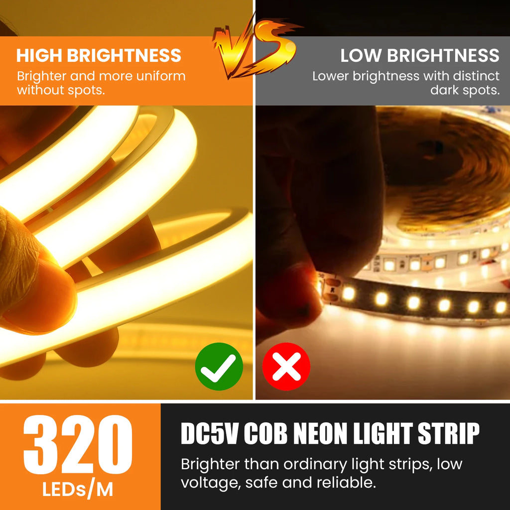 COB Neon LED Strip 5V 320LEDs/m Waterproof Dimmable LED Neon Rope Light Flexible Tape for Kitchen Cabinet Bedroom TV Backlight