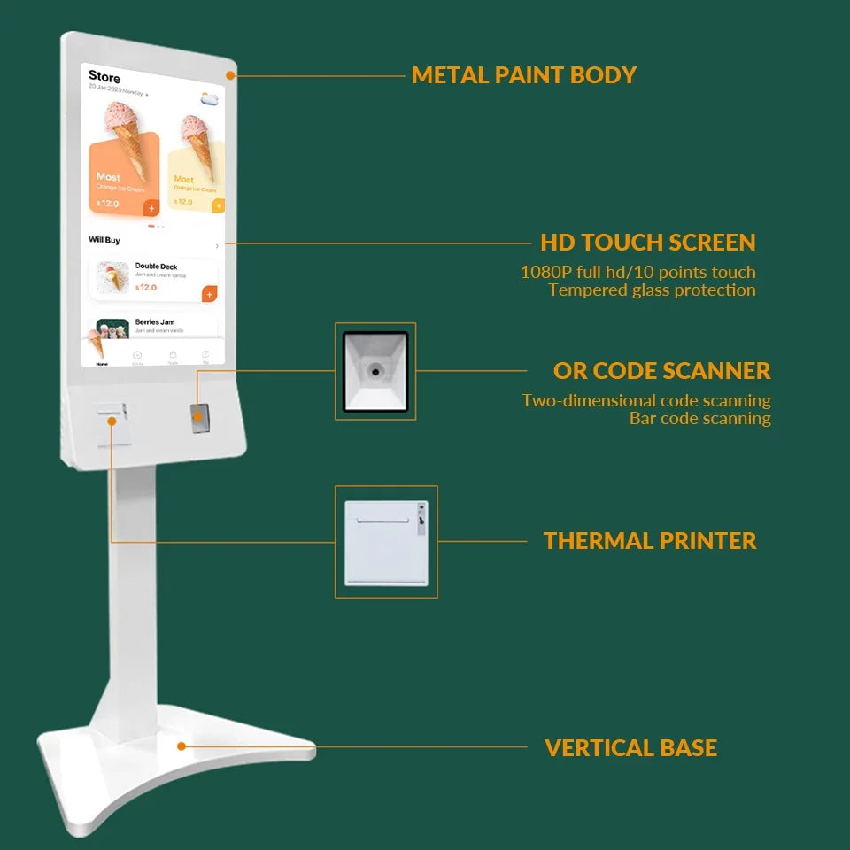 -Inch interactive digital nage kiosk for self-service ordering payment systems in rtaurants and cafeterias