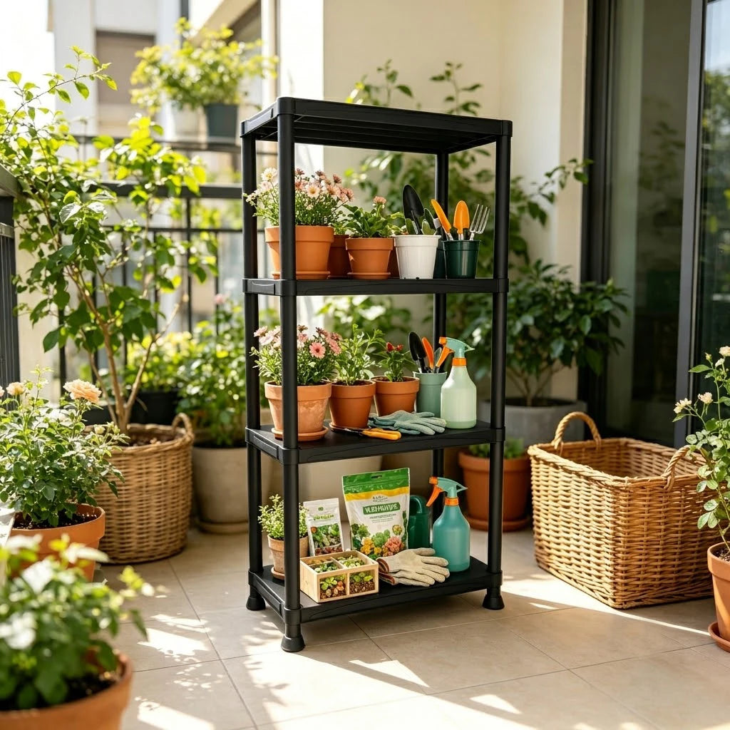 4 & 5 Tier Plastic Storage Shelving Unit, Heavy Duty Black PP Utility Rack, 3 Sizes Available Waterproof Organizer for Garage Kitchen Basement Laundry Pantry