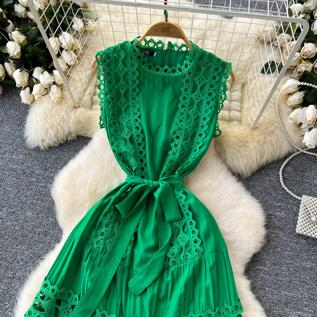 Sexy Hollow Out Embroidery O Neck Sleeveless Bandage Long Dresses Chic Evening Party Summer Vestidos Women Hip Wrap Clothing