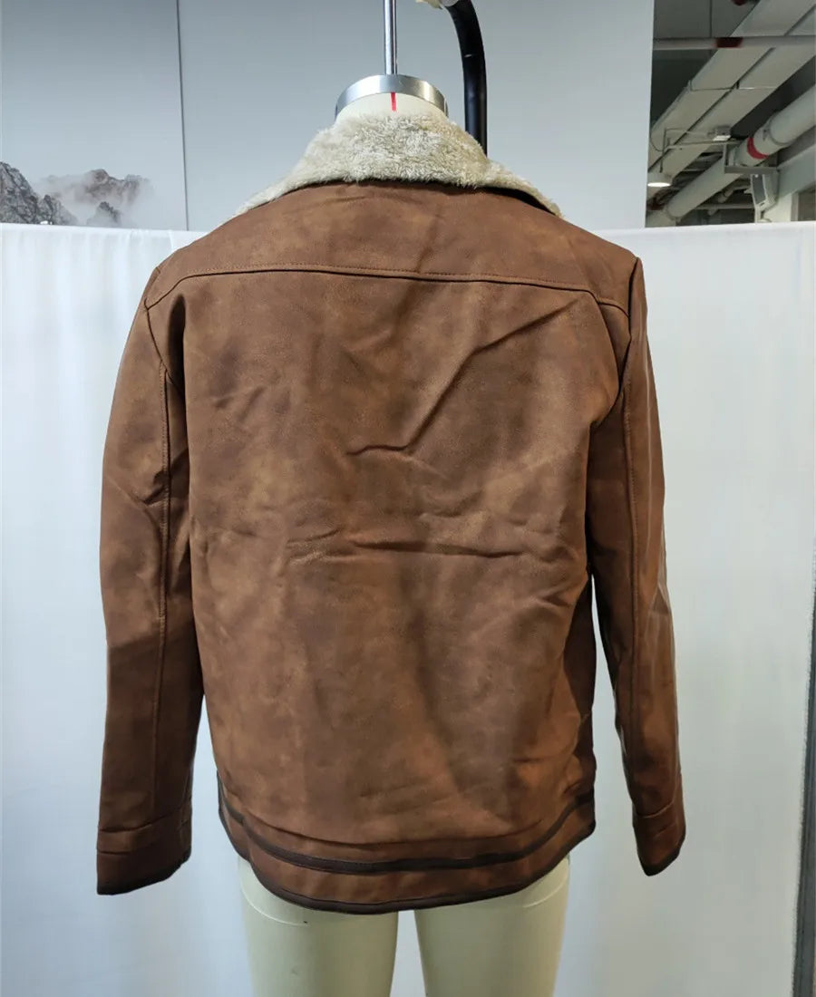 2026 Men's PU Leather Patchwork Zipper Jacket Autumn Winter Fleece Warm Outdoor Coat Casual Cowboy Outerwear Brown Streetwear