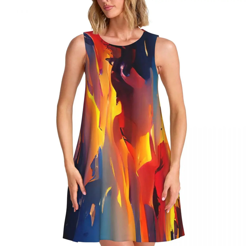 Ocean Sunset Casual Dress Palm Tree Print Sleeveless Elegant Dresses Ladies O Neck Simple Dress Day Print Clothing Birthday Gift