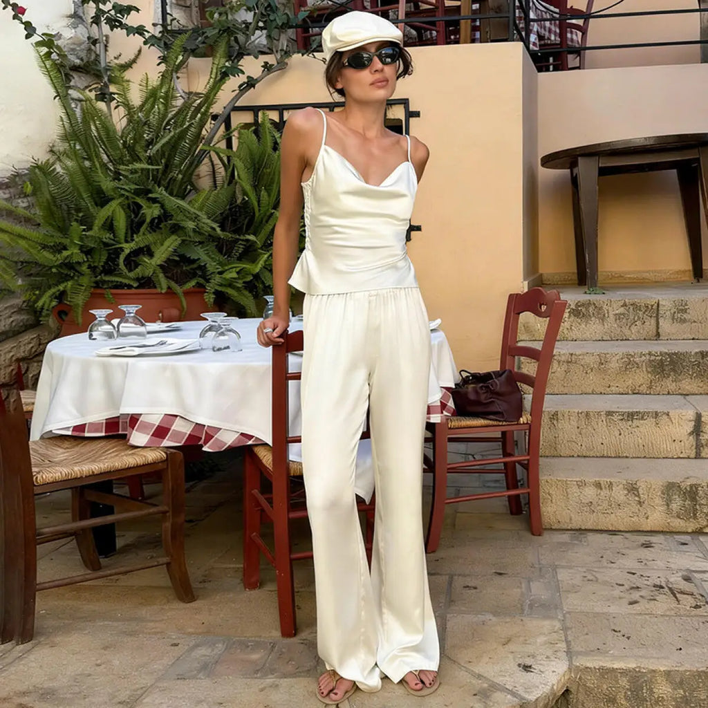 Women Two Piece Set Korean Casual Solid Color Tank Top and High Waisted Long Pants Fashionable New Versatile Commuting Outfit