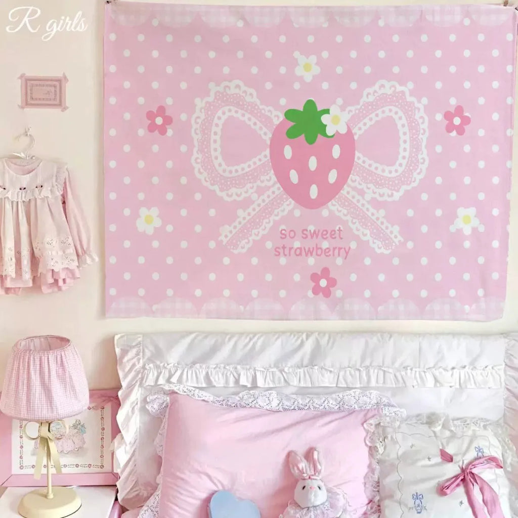 Sweet Pink Strawberry Tapestry, Polka Dot Wall Hanging, Cute Kawaii Background Cloth for Bedroom Dorm Aesthetic Decor