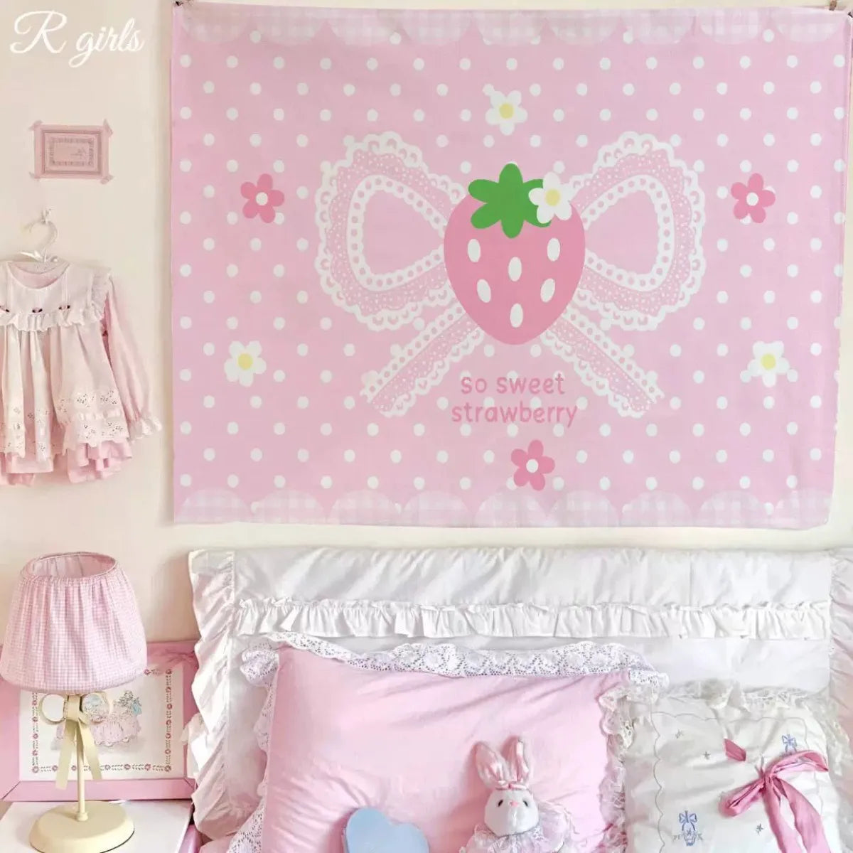 Sweet Pink Strawberry Tapestry, Polka Dot Wall Hanging, Cute Kawaii Background Cloth for Bedroom Dorm Aesthetic Decor