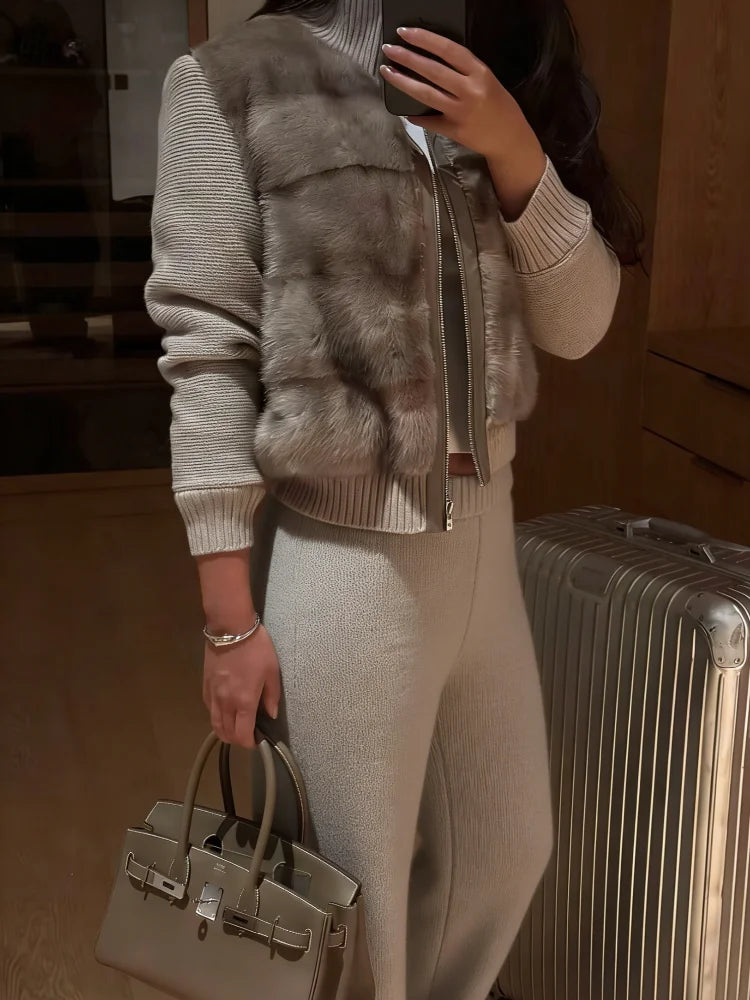 2026 Spring Knitted Long Pants Sets For Women Faux Fur Patchwork Zipper Sweater Jacket Wide Leg Trousers Lady Chic 2 Pieces Sets
