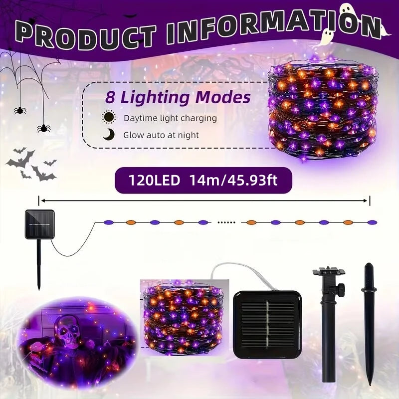 45.93ft 120LED Halloween Purple Orange LED Solar Fairy Lights Outdoor Waterproof Hanging Garden Light Fence Terrace Porch Decor