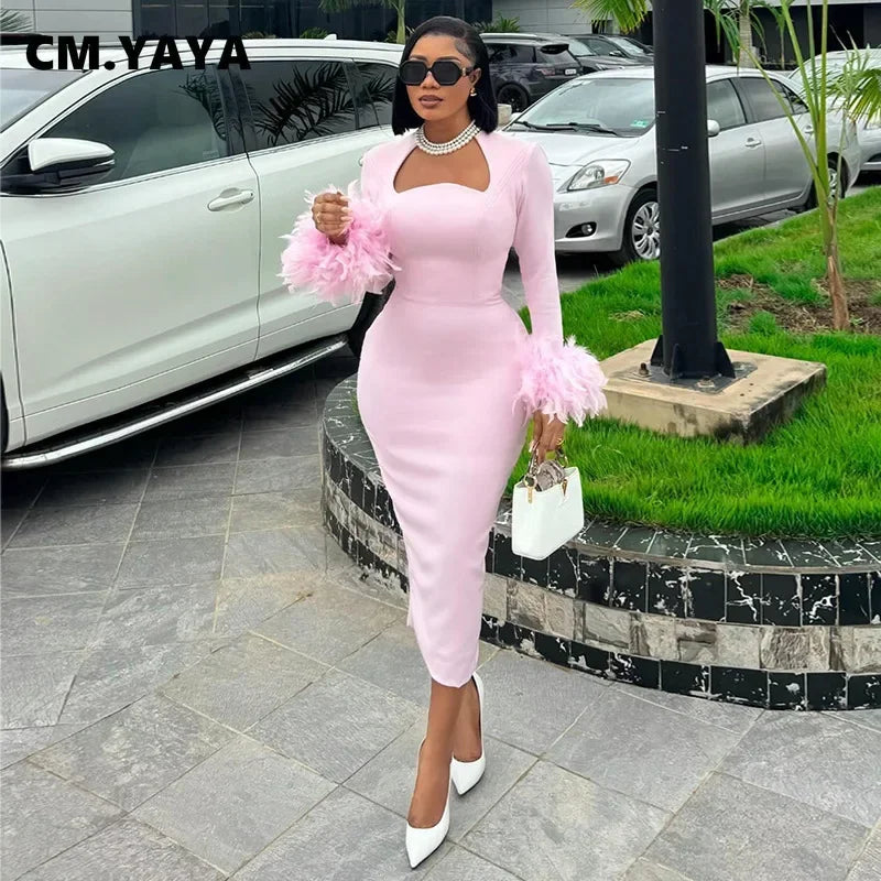 CM.YAYA Women Feather Hem Flare Long Sleeve Bodycon Mid-calf Length Dress 2024 Fall Winter Birthday Vestidos Party Even Dresses