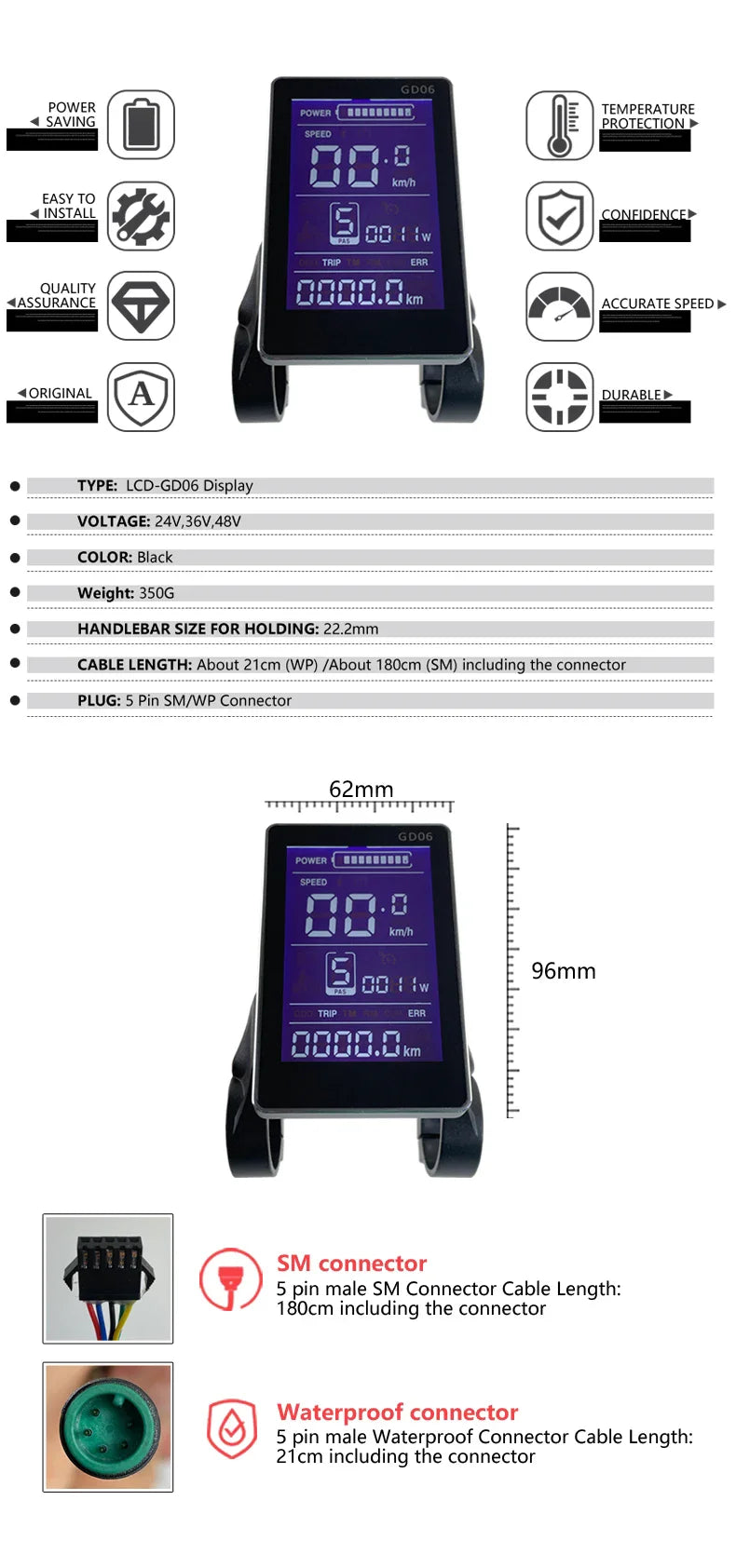 Electric Bike 30A Brushless Controller with SM Plug for 1000W Motor with LCD Display Panel S800 S830 E-scooter Meter Control UKC