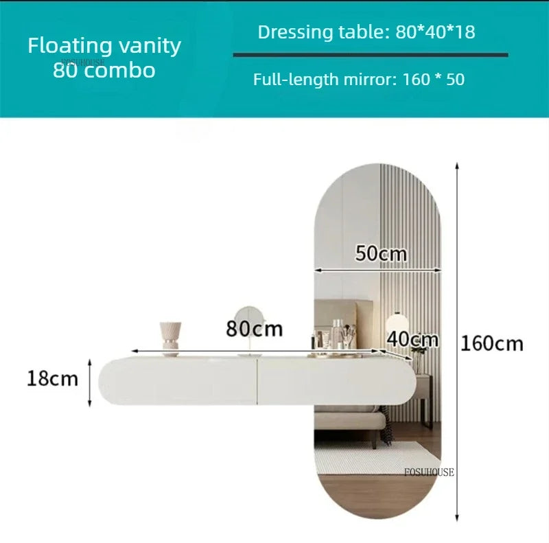 Nordic Wall-mounted Makeup Vanities European Bedroom Furniture Wooden Storage Dressing Table with Full-length Mirror Vanity Desk